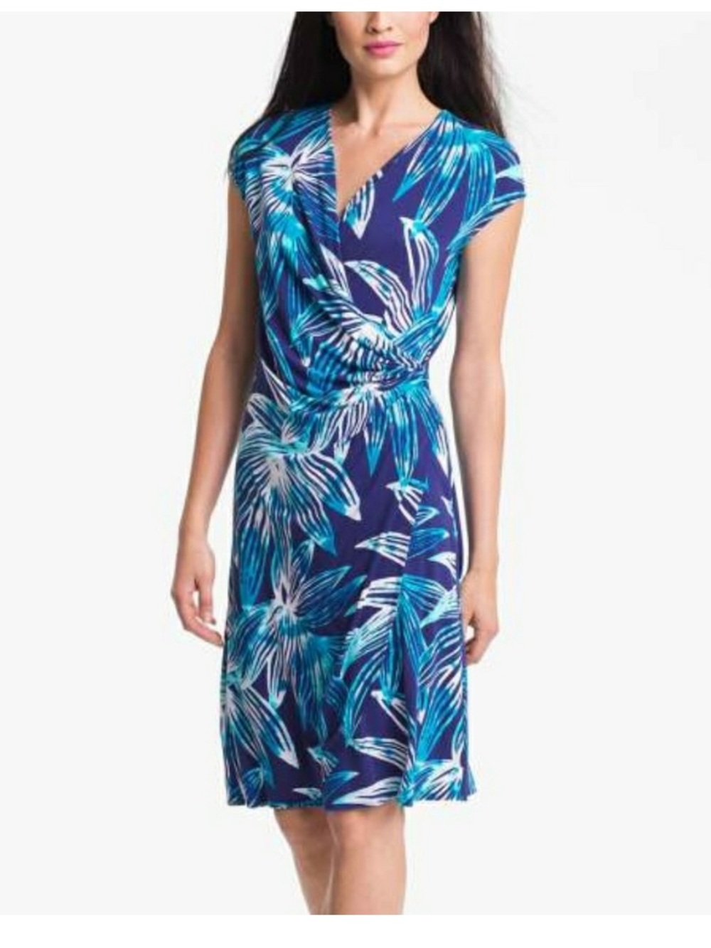 Tommy Bahama Lily Sky Faux Wrap Dress Sz L Blue Botanical Floral Midi